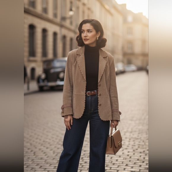 Terry Lewis Classic Luxuries Jackets & Blazers - Terry Lewis Tan Suede Leather Jacket With Scallop Trim Small